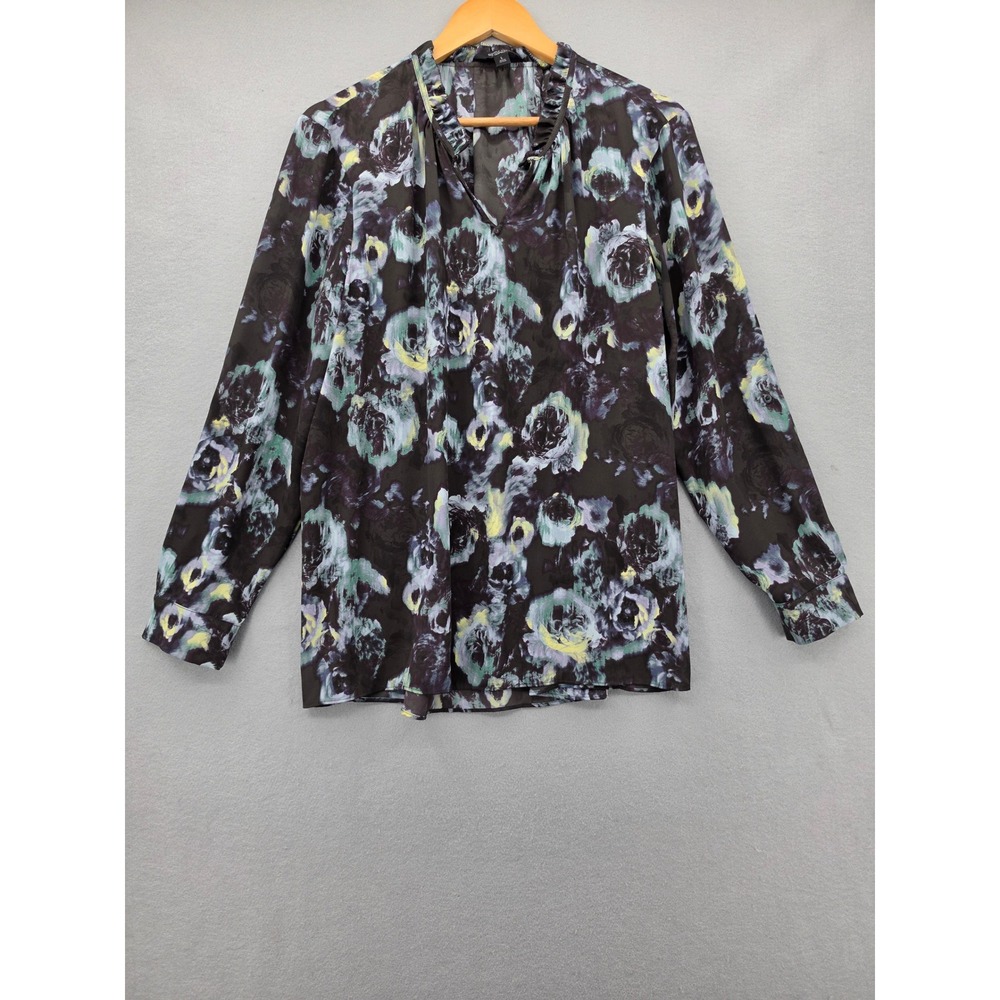 Simply Vera Vera Wang Blouse Womens Large Floral Ruffle Neck Roll Tab Sleeve Top